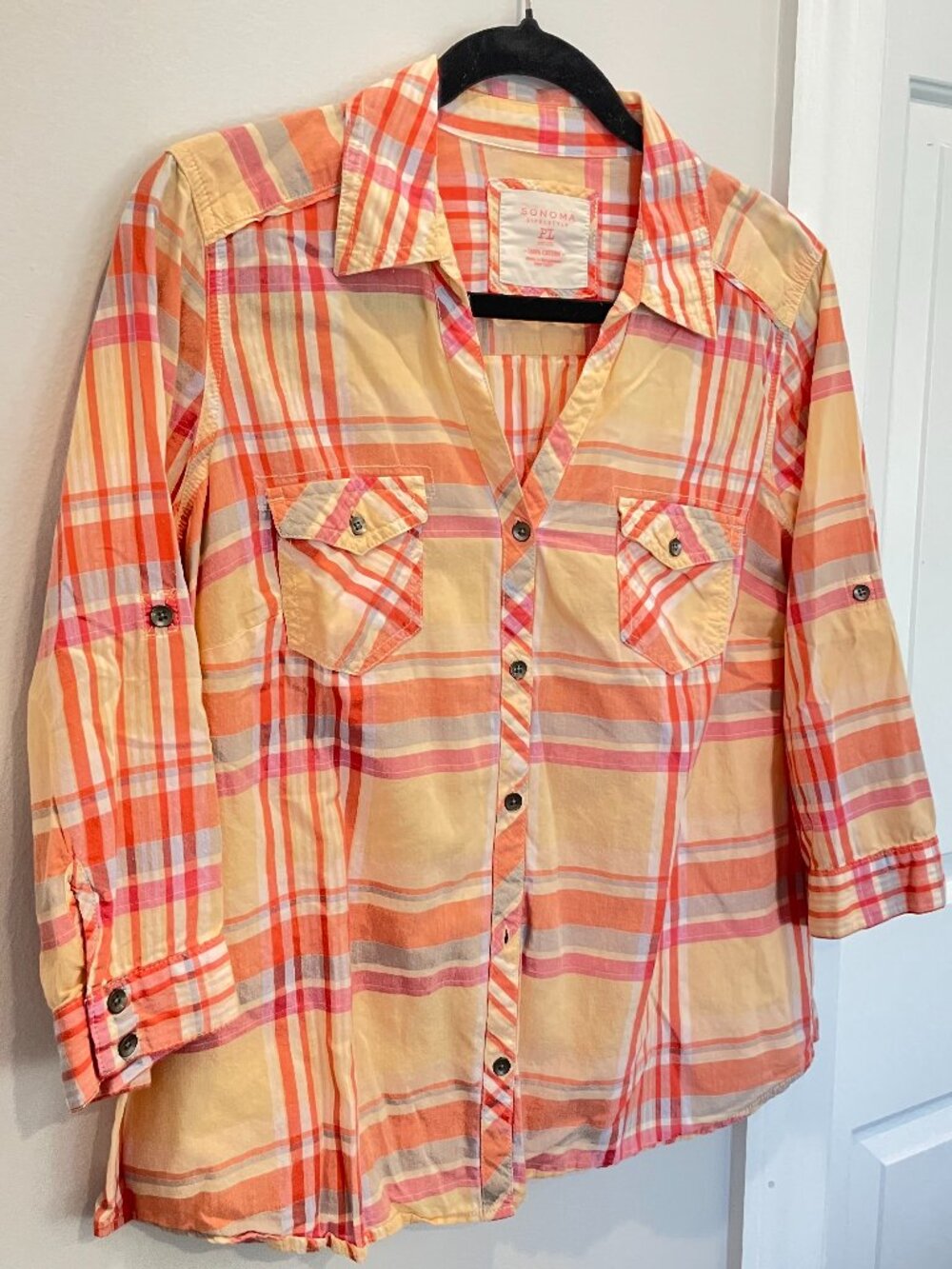 PL 100% Cotton Sonoma Life+Style 3/4 Sleeve Camp Shirt Blouse w/ Sleeve Tabs